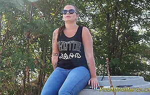 Pee adventures, pissing in her jeans while exercising outdoor
