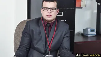 Hairy gay boss fucks employee bareback on office desk