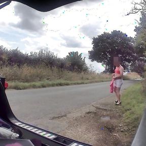 Cross dress in red knickers and bra changing as cars drive past