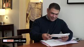 Hot landlord takes advantage of hopeless tenant who needs a place to stay and fills his ass with cum