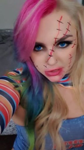 Genderbend cosplay Chucky. Halloween theme. Close up plus, finger, ruined make up &amp; orgasm