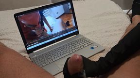 milf jerks off a big cock until he cums on her gloves pov