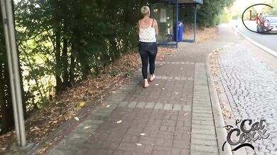 Big boobs bubbling at the bus stop while golden shower rains down