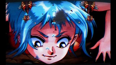 Retro anime vixen strips down in red latex for a sci-fi fantasy showdown