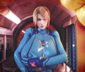 3D Blonde Samus Aran Using Her Tits To Jerk Off Gigantic Animated Cock