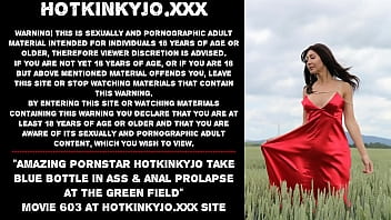 Amazing pornstar Hotkinkyjo take blue bottle in ass &amp_ anal prolapse at the green field