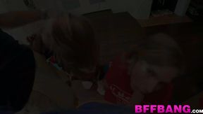 Young blonde duo sucking giftwrapped cock before doggystyle