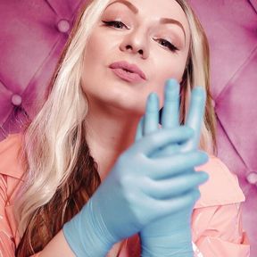 ASMR: blue nitrile gloves fetish - hot sounding - MILF in pink PVC coat (Arya Grander)