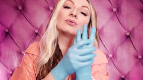 ASMR: blue nitrile gloves fetish - hot sounding - MILF in pink PVC coat (Arya Grander)