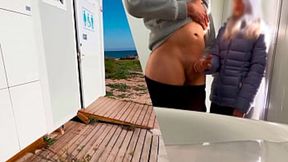 Beach Bathroom Boogie: Public Cum-Sessions Sparked by Beach Babe's Help