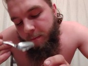 Eating mash potatoes from my ass and drinking my piss and cum