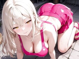 Lustful Blond Sweetie in Grocery Store – Pink Latex Mini Petticoat Pulled Up