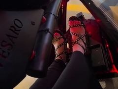 Brunette with foot fetish rubs big dick with her feet in POV