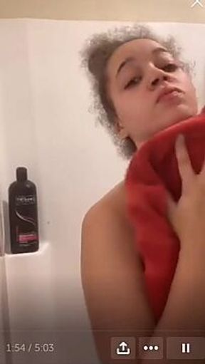 Lightskin ebony with huge pierced tits gives hot solo shower