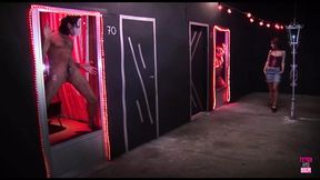 An Alluring Brunette Chick Enters a BDSM Dungeon and Gets Fucked by Two Masked Dudes