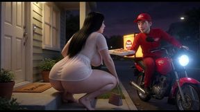 curvy woman in translucent white outfit talks to pizza delivery guy at her front door at night (ai generated)