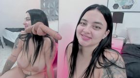 A very horny, busty Latina licks and sucks her dildo in front of the mirror part 2