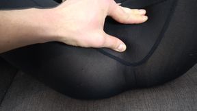 Brunette in black yoga leggings turned on a guy with a huge cock, jerks off and cums on leggings