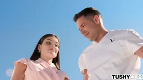 Busty cutie Vanessa and Stefany share a hard cock in steamy anal threesome