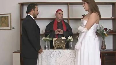 Red hot shemale bride waiting for the end of wedding ceremony for fucking