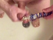 Foreskin docking/stroking using glass dildo then cum on dildo & suck clean.