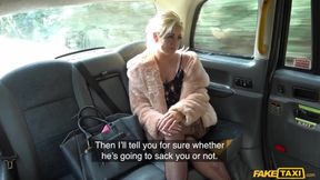 Blonde passenger spreads her stocking legs in the backseat