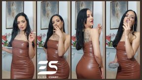 Smoking in a brown leather dress and golden jewelry