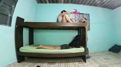 Latina rides big betrayal with girlfriend in bunk bed amateur threesome