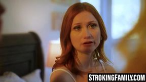 Teen guy shoots load on Scarlet Skies with two MILF sluts