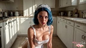 18yo blue-haired slut works for me as a maid and seduces me with her big, saggy tits. she sucks me off and takes my cock when my wife goes to work[ai]