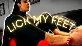 Foot Worship on human furniture, Matriarch Ezada Sinn’s  bound chattel under Her soles
