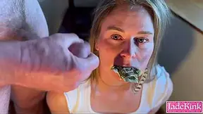 Curvy golden-haired babe receives a sticky facial from her big cock lover