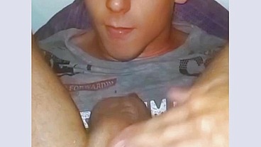 Self-sucking with facial cum and cucumber masturbation. Sexy Autofelation