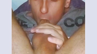 Self-sucking with facial cum and cucumber masturbation. Sexy Autofelation