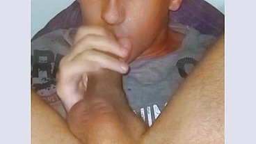 Self-sucking with facial cum and cucumber masturbation. Sexy Autofelation