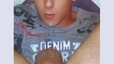 Self-sucking with facial cum and cucumber masturbation. Sexy Autofelation