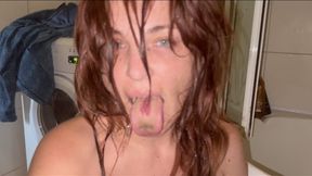 licking dirty floor and toilet, flashing head in it