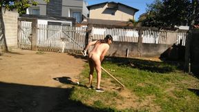 Housewife working naked in front yard while people was walking on street