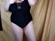 Shemale MILF wears Silicone Female Mask and Swimsuit