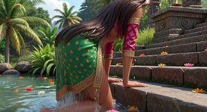 Beautiful Indian Girls with Very Big Boobs Pose Provocatively Bathing in Ganges and Palace Pool Cartoon Style
