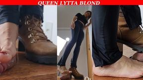 Queen Lytta Blond - CBT EP 7 - Sexy Shoejob Footjob and step on his cock until he bust on her feet - 2 angles - CBT - COCK TRAMPLING - FOOT DOMINATION - FOOT HUMILIATION - BALLBUSTING - COCK SQUEEZE - FOOT FETISH - SOLES - COCK STOMP - FEMDOM -