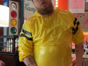 Chubby rubber bear slams his saline inflated big balls, rubs his chunky belly and fucks himself
