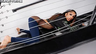 Petite Black Tranny Fingers Pussy and Jerks Big Black Cock on Stairs