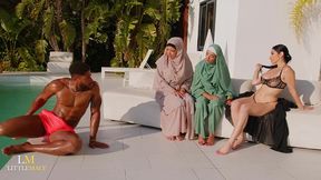 three sluts friends in hijab share a bbc