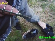 SK Outdoor pissing on my sneakers, sox & feet wearing urethal chastity