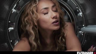 STUCK in the Washing Machine! Trans Shemale Grows Futa Cock And Fucks Female Slut with Anal Creampie