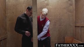 Twink's wet blowjob leads to a raw, religious experience with a horny daddy