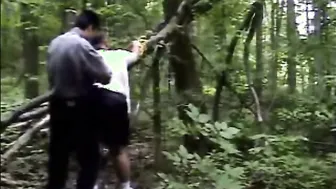 Chubby bear spanked and belted in the Toronto woods