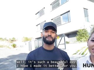 HUNT4K. Sexy cutie is showing her boobs on the street. Sexy sex with Una Fairy