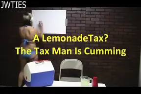 Hot female collector gets a sticky surprise while working at the lemonade stand